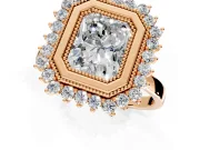 Halo Engagement Ring Setting for Radiant Cut Center with Milgrain Bezel Rim, Plain Band and Prong Head in Rose Gold
