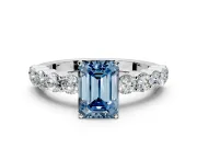 Shared-Prong Engagement Ring Setting for Fancy Blue Emerald Cut Center with Graduated Accents and Prong Head in Sterling Silver