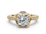 Floral Engagement Ring Setting for Princess Cut Center with Four Accent Clusters and Prong Head in Yellow Gold