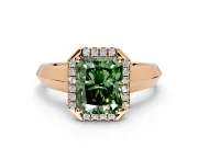 Halo Engagement Ring Setting for Fancy Green Radiant Cut Center with Knife Ridge Cathedral Band and Prong Head in Rose Gold