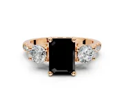 3 Stone Engagement Ring Setting for Fancy Black Emerald Cut Center with Crossover Basket, Pave Band and Prong Head in Rose Gold