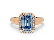 Halo Engagement Ring Setting for Fancy Blue Emerald Cut Center with Knife Ridge Cathedral Band and Prong Head in Rose Gold