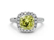 Halo Engagement Ring Setting for Fancy Yellow Cushion Cut Center with Raised Halo, Pave Band and Prong Head in Sterling Silver