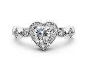 Milgrain Bezel Engagement Ring Setting for Heart-Shaped Center with Marquise Stations and Bezel Head in White Gold