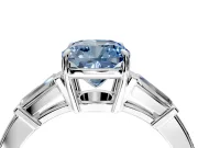3 Stone Engagement Ring Setting for Fancy Blue Cushion Cut Center with Baguette Accents and Prong Head in White Gold