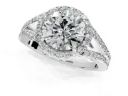 Halo Engagement Ring Setting for Round Cut Center with Pave Split Shank and Prong Head in White Gold