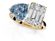Fancy Blue Heart-Shaped and Emerald Cut Lab-Grown Diamond Toi et Moi Engagement Ring with Prong-Set Stones in Yellow Gold