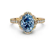 Halo Engagement Ring Setting for Fancy Blue Oval Center with Openwork Halo, Pave Band and Prong Head in Yellow Gold