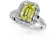 Floral Halo Engagement Ring Setting for Fancy Yellow Emerald Cut Center with Large Halo Accents and Prong Head in Platinum