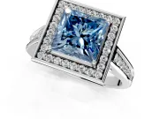 Halo Engagement Ring Setting for Fancy Blue Princess Cut Center with Outer Bezel Rim, Pave Band and Prong Head in Platinum