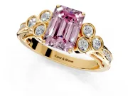 Cluster Engagement Ring Setting for Fancy Pink Emerald Cut Center with Bezel Accent Clusters and Prong Head in Yellow Gold