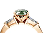 3 Stone Engagement Ring Setting for Fancy Green Oval Center with Channel Baguette Accents and Prong Head in Rose Gold