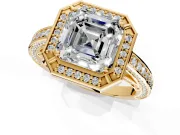 Halo Engagement Ring Setting for Asscher Cut Center with Framed Halo, Pave Band and Prong Head in Yellow Gold