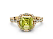 Floral Halo Engagement Ring Setting for Fancy Yellow Asscher Cut Center with Pave Band and Prong Head in Yellow Gold