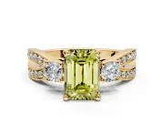 3 Stone Engagement Ring Setting for Fancy Yellow Emerald Cut Center with Pave Twist Band and Prong Head in Yellow Gold
