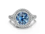 Double Halo Engagement Ring Setting for Fancy Blue Round Cut Center with Narrow Pave Split Shank and Prong Head in Platinum