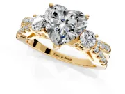 3 Stone Engagement Ring Setting for Heart-Shaped Center with Pave Split Shank and Prong Head in Yellow Gold