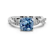 Solitaire Engagement Ring Setting for Fancy Blue Cushion Cut Center with Twisted Pave Band and Prong Head in Platinum