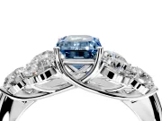 Cluster Engagement Ring Setting for Fancy Blue Emerald Cut Center with Round Cut Accent Frame and Prong Head in Sterling Silver