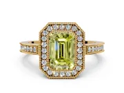 Halo Engagement Ring Setting for Fancy Yellow Emerald Cut Center with Milgrain Halo, Pave Band and Prong Head in Yellow Gold