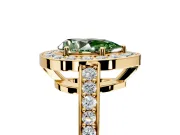 Bezel-Framed Halo Engagement Ring Setting for Fancy Green Pear-Shaped Center with Pave Band and Prong Head in Yellow Gold