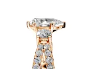 3 Stone Engagement Ring Setting for Pear-Shaped Center with Pave Split Shank and Prong Head in Rose Gold