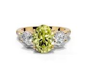 3 Stone Engagement Ring Setting for Fancy Yellow Oval Center with Crossover Basket, Pave Band and Prong Head in Yellow Gold