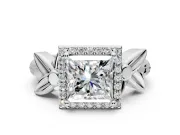 Halo Engagement Ring Setting for Princess Cut Center with Floral Band and Prong Head in Platinum