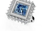 Halo Engagement Ring Setting for Fancy Blue Princess Cut Center with Milgrain Bezel Rim, Plain Band and Prong Head in White Gold