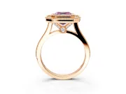 Halo Engagement Ring Setting for Fancy Pink Asscher Cut Center with Milgrain Frame, Pave Band and Prong Head in Rose Gold