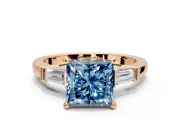 3 Stone Engagement Ring Setting for Fancy Blue Princess Cut Center with Channel Baguette Accents and Prong Head in Rose Gold