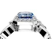 Halo Engagement Ring Setting for Fancy Blue Radiant Cut Center with Floral Band and Prong Head in White Gold