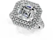 Double Halo Engagement Ring Setting for Asscher Cut Center with Narrow Pave Split Shank and Prong Head in Platinum