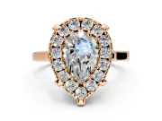 Single Halo Engagement Ring Setting for Pear-Shaped Center with Corner Claws, Plain Band and Prong Head in Rose Gold