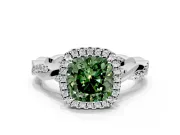 Halo Engagement Ring Setting for Fancy Green Cushion Cut Center with Pave and Plain Twist Band and Prong Head in White Gold