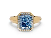Halo Engagement Ring Setting for Fancy Blue Radiant Cut Center with Knife Ridge Cathedral Band and Prong Head in Yellow Gold