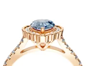 Milgrain Floral Halo Engagement Ring Setting for Fancy Blue Pear-Shaped Center with Pave Band and Prong Head in Rose Gold