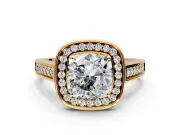 Halo Engagement Ring Setting for Cushion Cut Center with Outer Bezel Rim, Pave Band and Prong Head in Yellow Gold