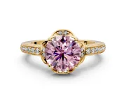 Floral Engagement Ring Setting for Fancy Pink Round Cut Center with Four Accent Clusters and Prong Head in Yellow Gold