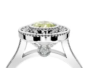 Halo Engagement Ring Setting for Fancy Yellow Pear-Shaped Center with Milgrain Frame, Pave Band and Prong Head in Platinum