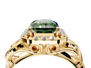 Halo Engagement Ring Setting for Fancy Green Radiant Cut Center with Open Scroll Shoulders and Prong Head in Yellow Gold