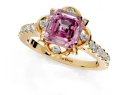 Floral Engagement Ring Setting for Fancy Pink Asscher Cut Center with Pave Band and Floral Prong Head in Yellow Gold