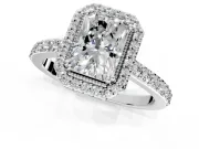 Halo Engagement Ring Setting for Radiant Cut Center with Inner Milgrain Border and Prong Head in White Gold