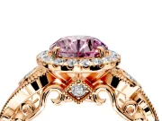 Milgrain Halo Engagement Ring Setting for Fancy Pink Round Cut Center with Shoulder Bezels and Prong Head in Rose Gold