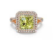 Double Halo Engagement Ring Setting for Fancy Yellow Princess Cut Center with Narrow Pave Split Shank and Prong Head in Rose Gold