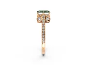 Cathedral Engagement Ring Setting for Fancy Green Radiant Cut Center with Antique-Style Pave Band and Prong Head in Rose Gold
