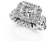 Halo Engagement Ring Setting for Princess Cut Center with Open Scroll Shoulders and Prong Head in Sterling Silver