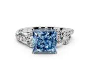 Leaf Motif Engagement Ring Setting for Fancy Blue Princess Cut Center with Pave Band and Prong Head in Platinum