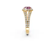 Halo Engagement Ring Setting for Fancy Pink Round Cut Center with Narrow Pave Split Shank and Prong Head in Yellow Gold