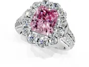 Large Accent Halo Engagement Ring Setting for Fancy Pink Radiant Cut Center with Pave Split Shank and Prong Head in Platinum